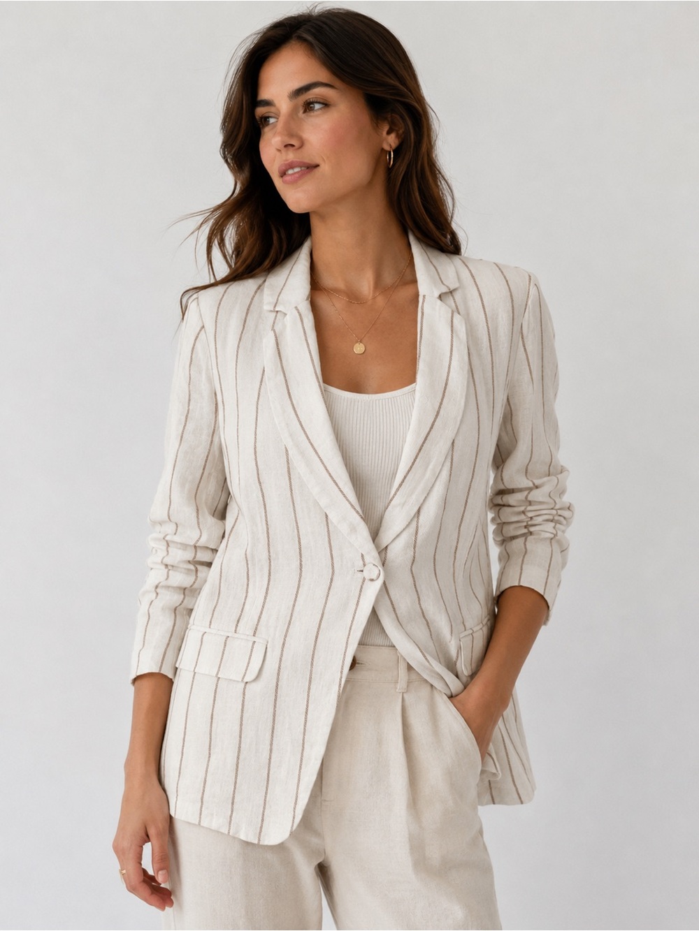 H By HALSTON || White/Cream Blazer with Tan Stripes. Sz. S